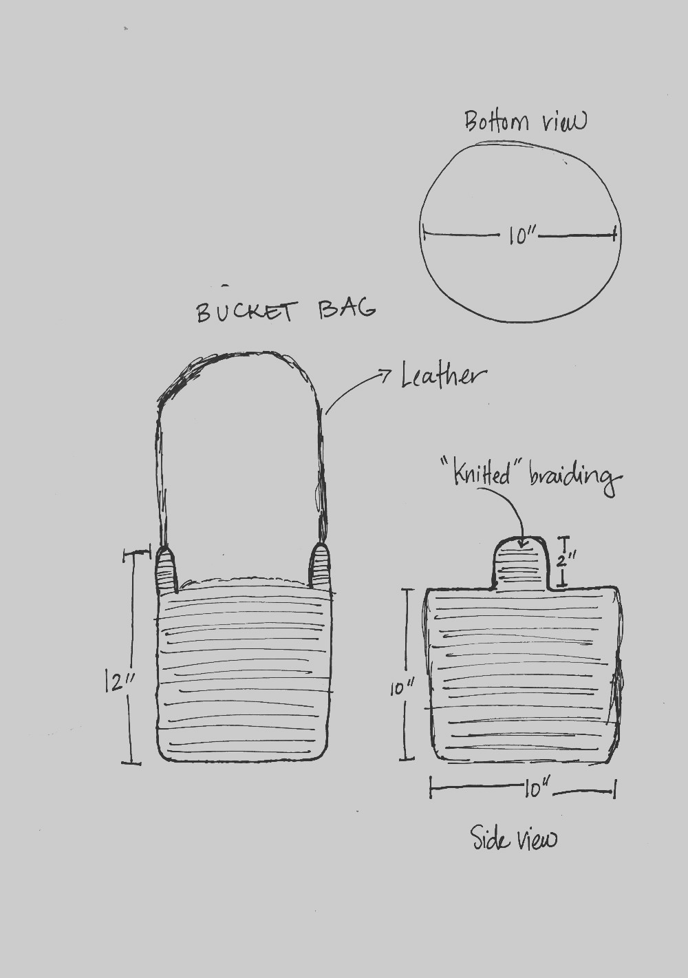 A pencil sketch of a bucket bag with measurements: a leather strap, a knitted body, bottom and side views.