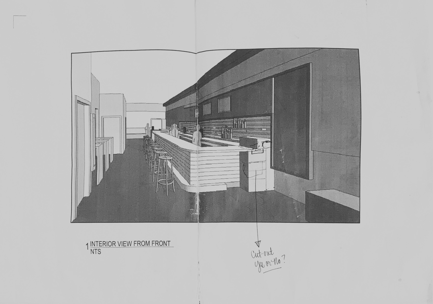 An architect's rendering of a long bar and gallery interior, viewed from the front, with a handwritten note in the margin.